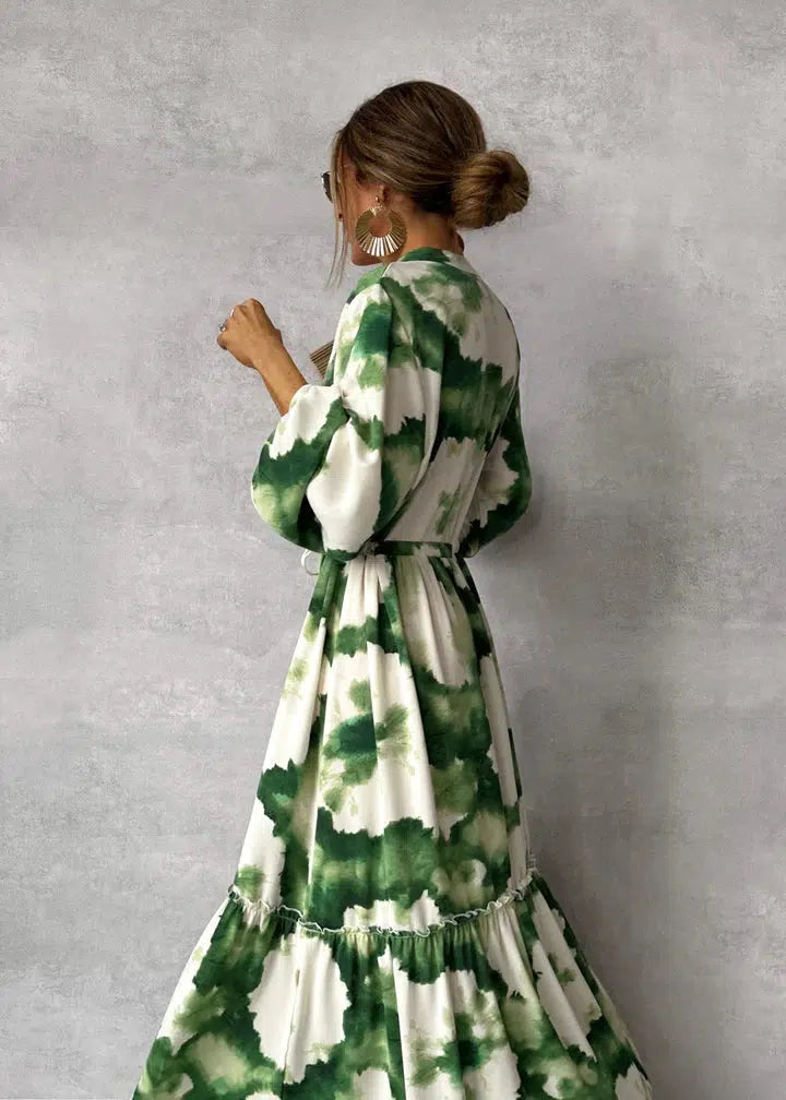Dames Maxi Jurk - Elegante V-Hals Lange Mouwen