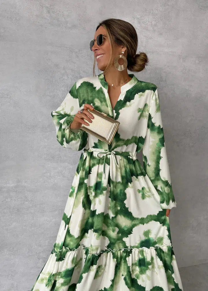 Dames Maxi Jurk - Elegante V-Hals Lange Mouwen