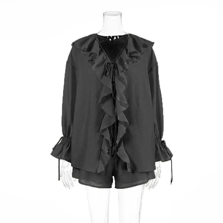 Ruches V-hals Knoop Shirt met Shorts
