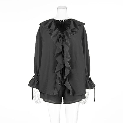 Ruches V-hals Knoop Shirt met Shorts