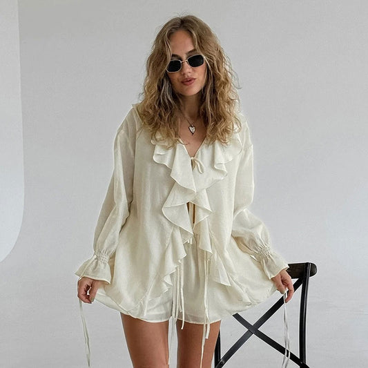 Ruches V-hals Knoop Shirt met Shorts