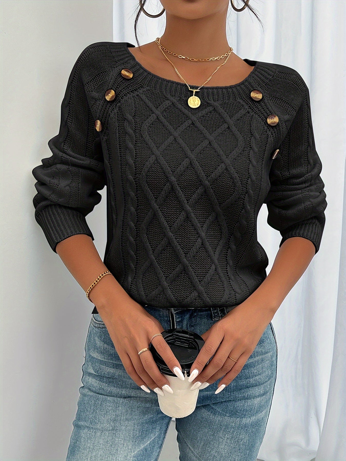 Variant image for Zwarte Trui Dames - Gevlochten Structuur - Warme Lange Pullover-4