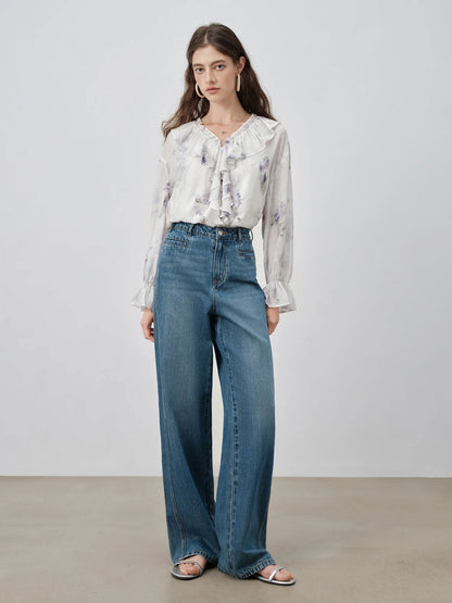 Bloemenprint V-hals Blouse met Ruches