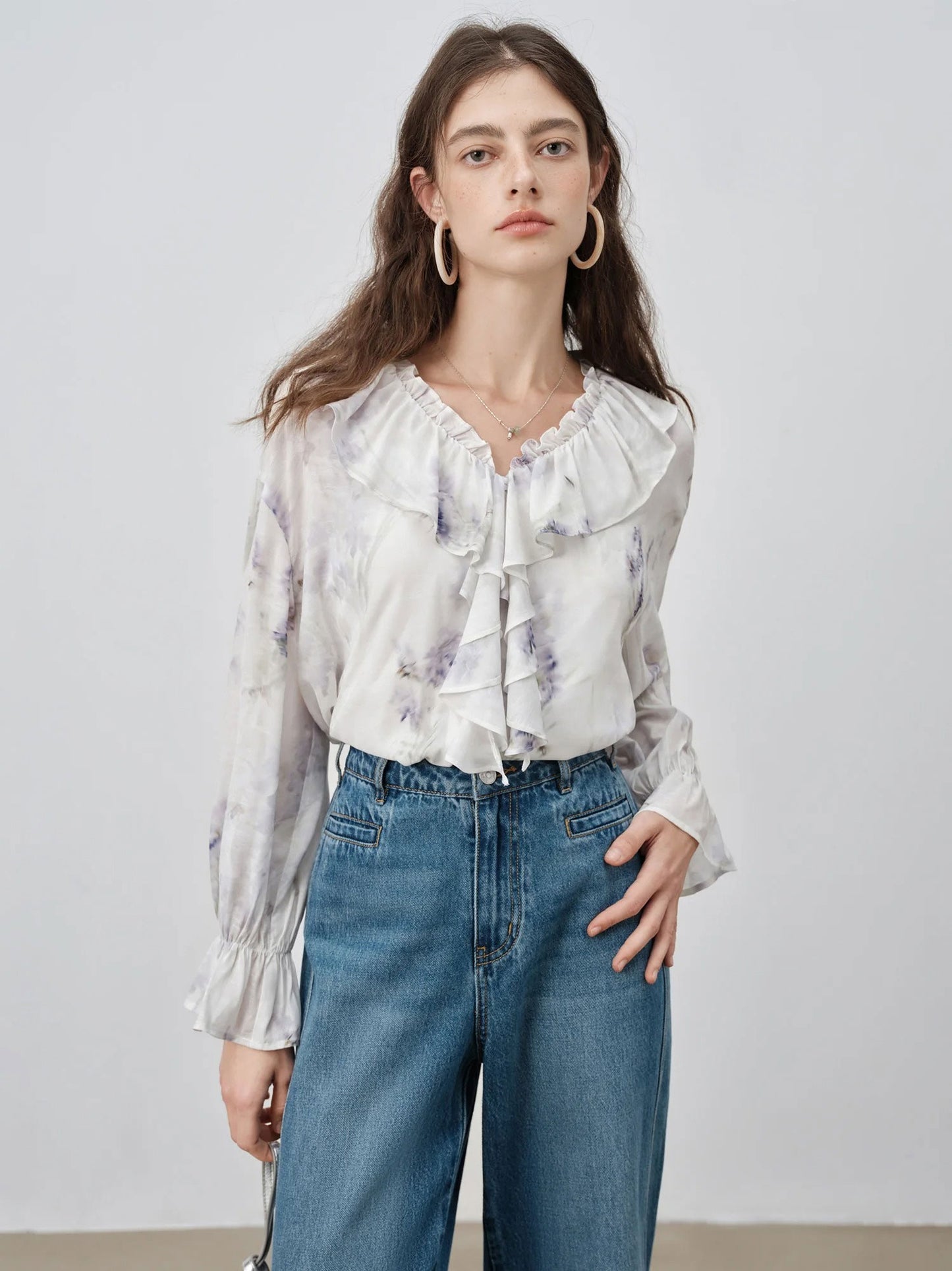 Bloemenprint V-hals Blouse met Ruches