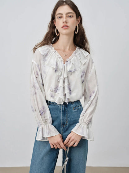 Bloemenprint V-hals Blouse met Ruches